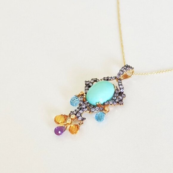 14k Yellow Gold Turquoise Multi Gemstone Chandelier Pendant Chain Necklace 18" - Picture 16 of 16